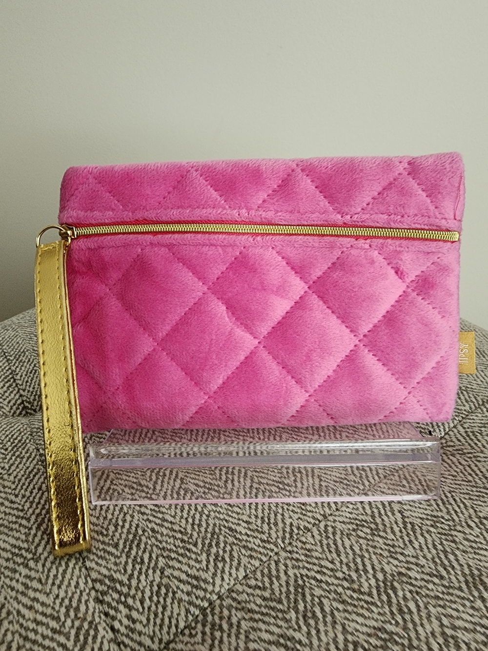 Ipsy Pink Quilted Velvet Cosmetic Pouch with Gold Accent